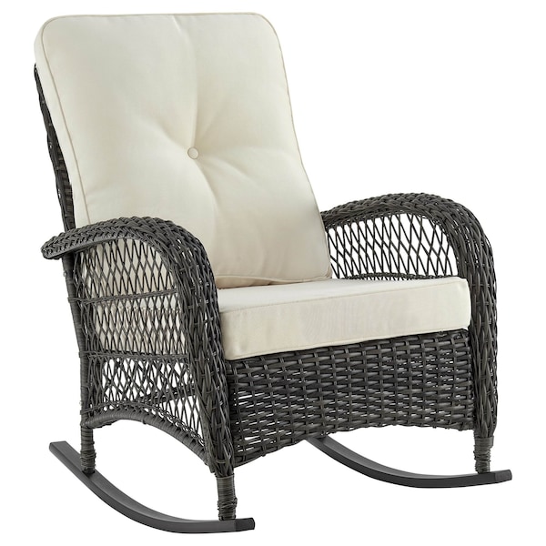 Manhattan Comfort Furttuo Steel Rattan Outdoor Rocking Chair with Cushions in Cream OD-CV017-CR - main
